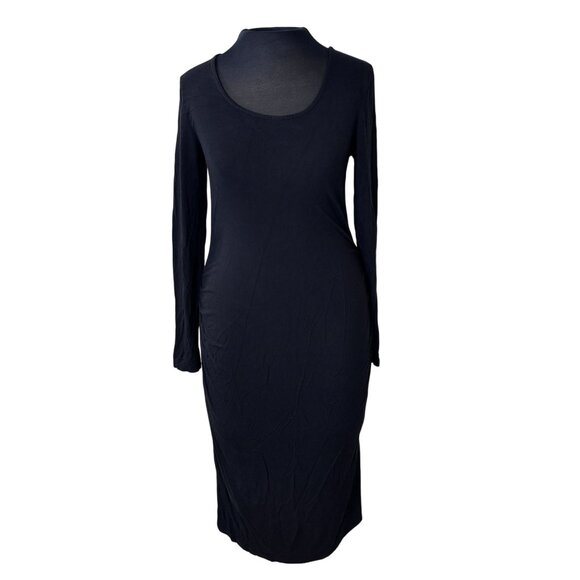 Black Long-Sleeve Midi Dress M Stretchy Viscose Blend - Picture 1 of 13